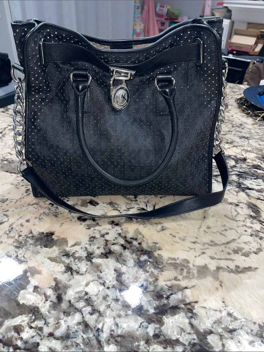 MICHAEL Michael Kors Black Perforated Leather Tote with Silver Hardware